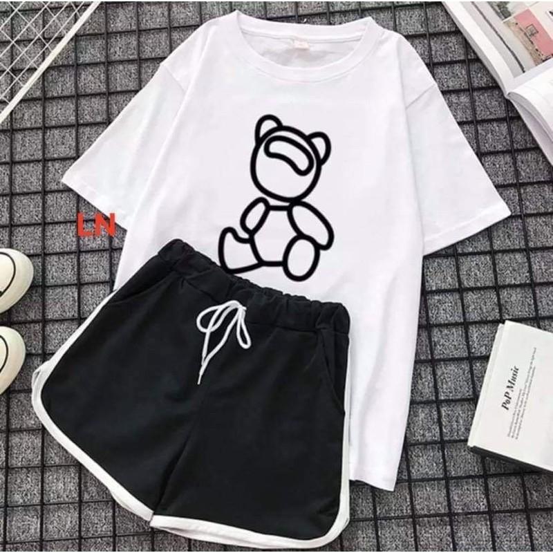 Bộ áo phông gấu nghiêng đầu + quần đùi viền DA45