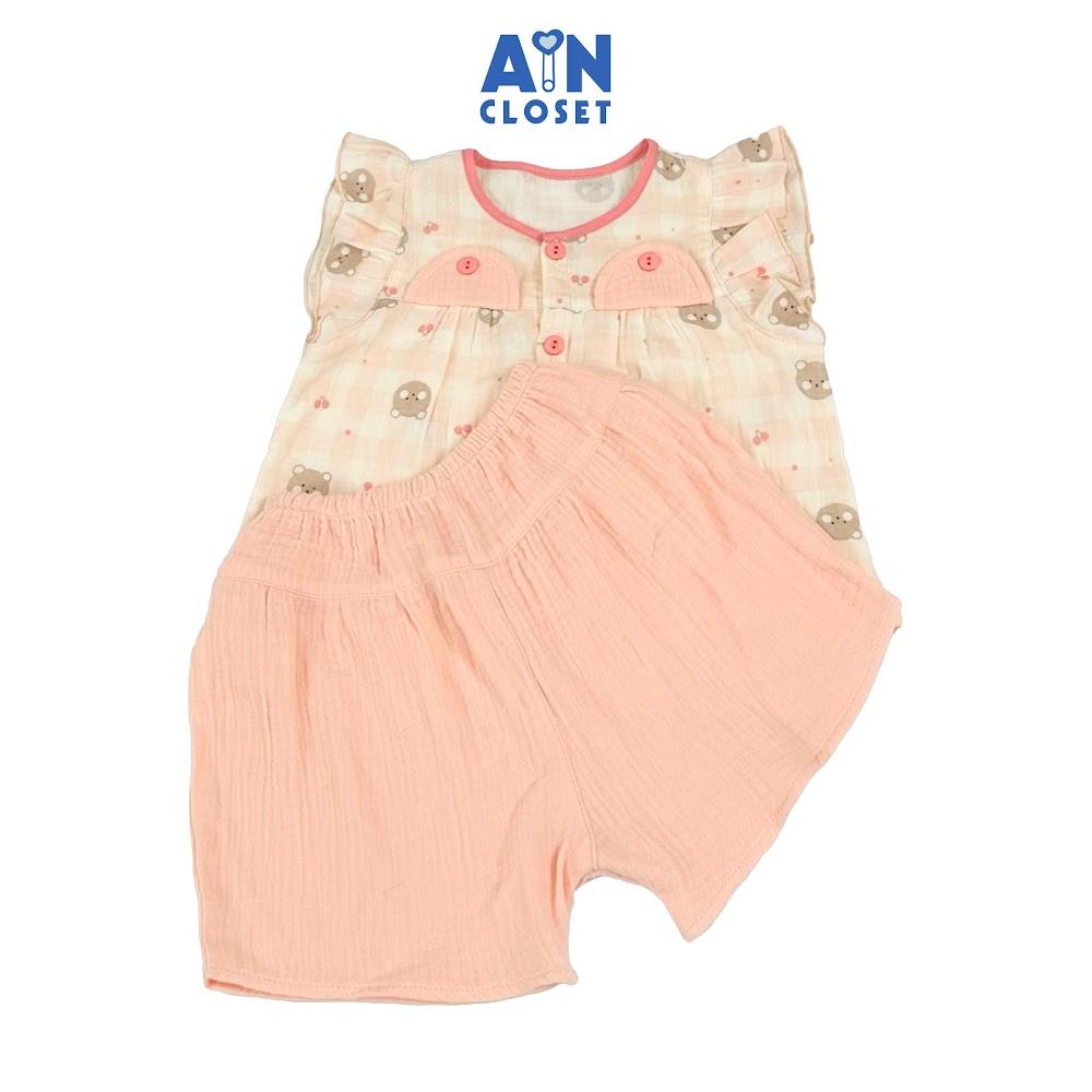 Bộ quần áo Ngắn bé gái họa tiêt Gấu Cherry Nhí Hồng xô muslin - AICDBGE5YG36 - AIN Closet