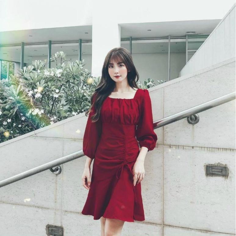 Váy cổ vuông nhún ngực tay dài xinh tươi ivy.fashion đi biển dự tiệc dạo phố bigsize gợi cảm sexy