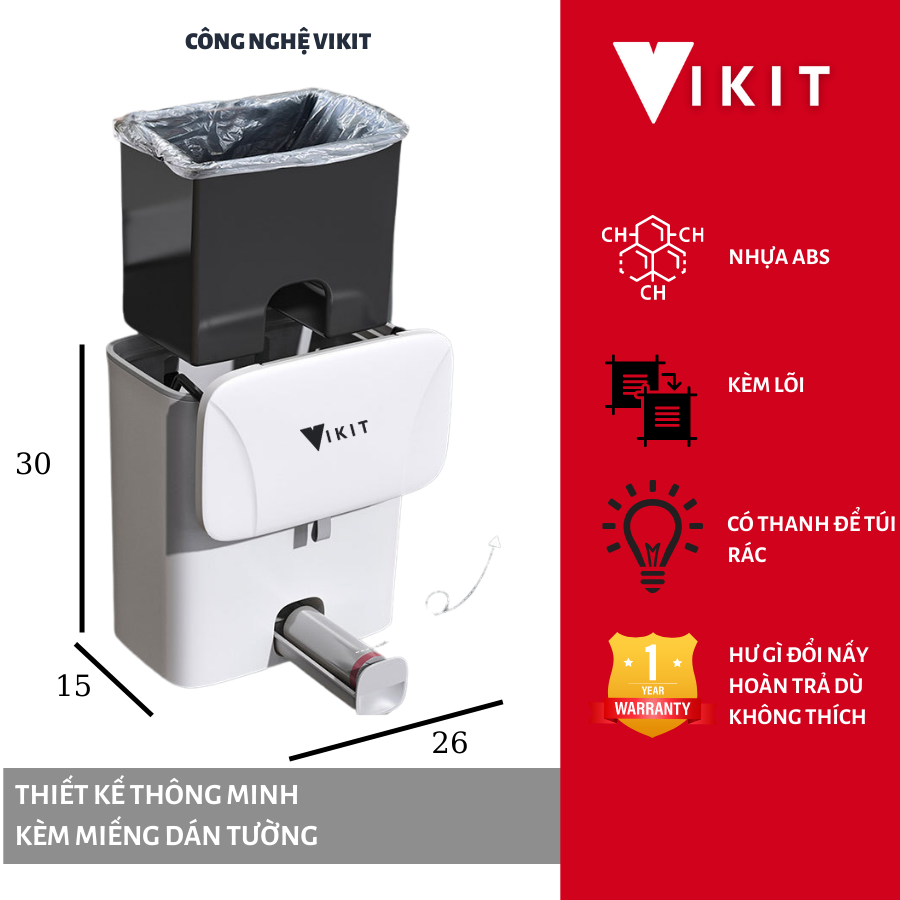 Thùng rác nắp đậy có lõi- Thùng rác treo tủ bếp có ngăn để túi rác mẫu mới 2022 VIKIT R13