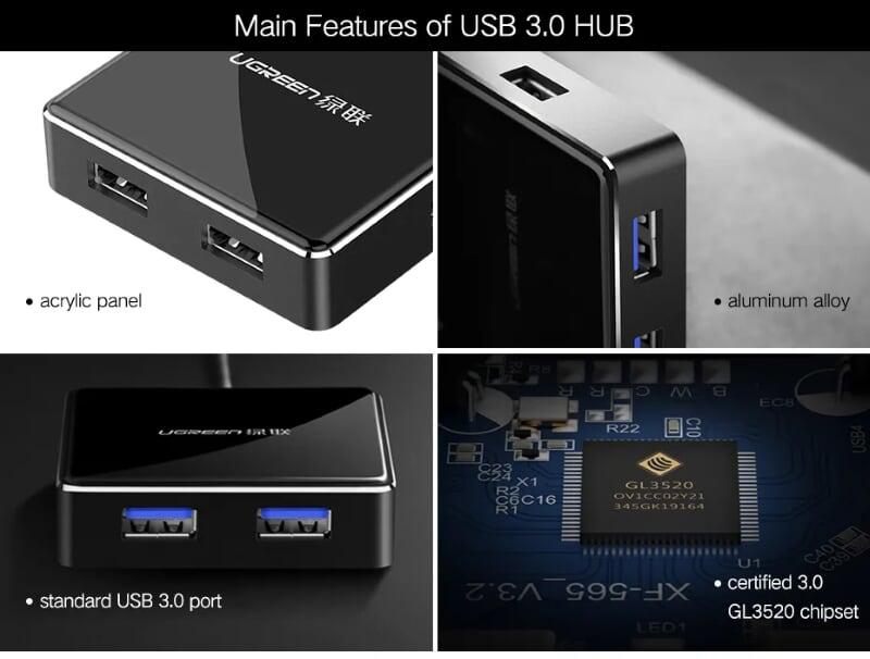 Ugreen UG20786US168TK 20CM màu Đen Bộ chia HUB USB 3.0 sang 4 USB 3.0 hỗ trợ nguồn 5V - HÀNG CHÍNH HÃNG