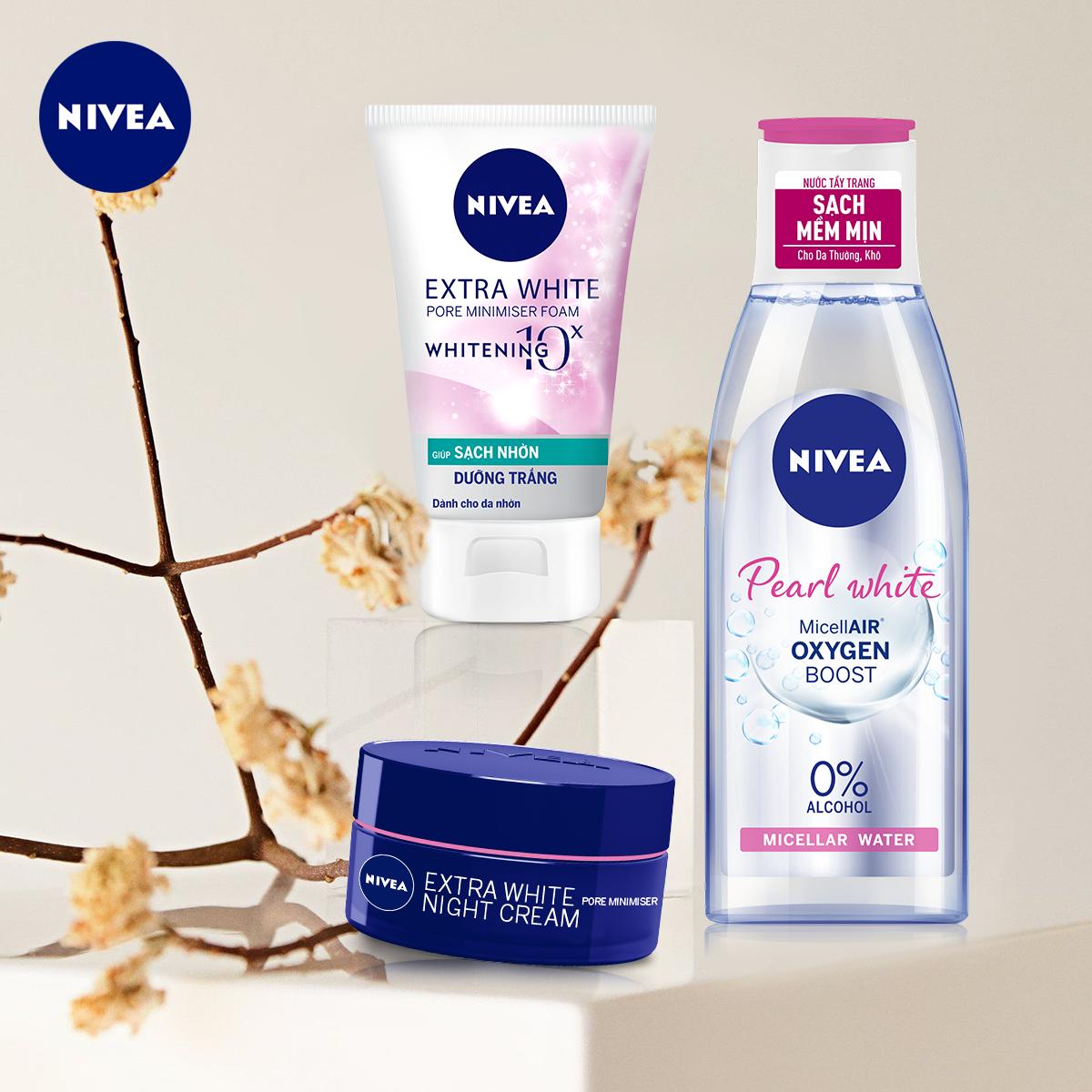 Bộ 3 Nước Tẩy Trang NIVEA Pearl White Làm Sáng Da Micellar Water (200ml) - 84911 &amp; Sữa rửa mặt NIVEA Pearl White giúp trắng da ngọc trai (100g) - 81295 &amp; Kem Dưỡng Trắng Da NIVEA Extra White Se Khít Lỗ Chân Lông Ban Đêm (50ml) - 86740