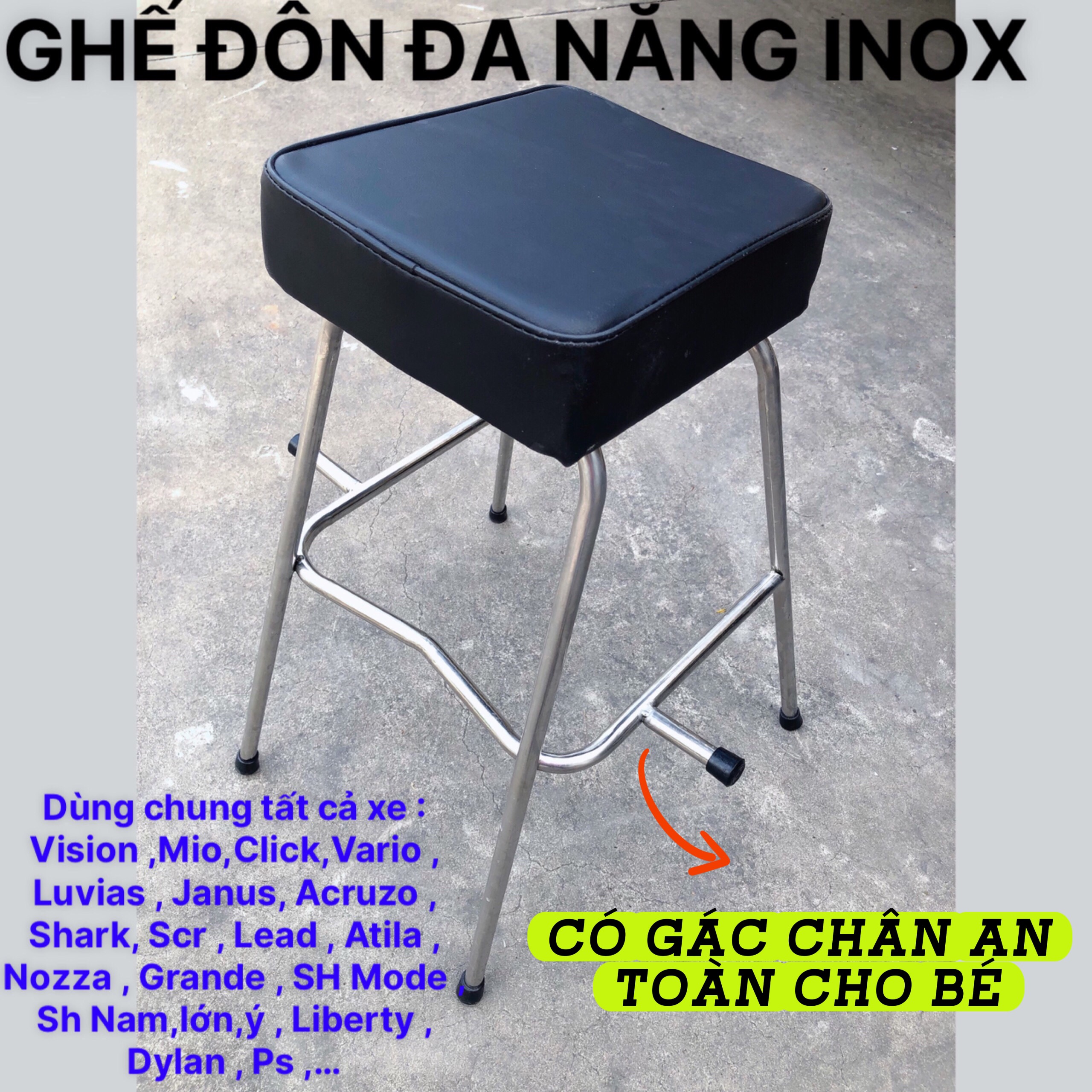 Ghế Đôn Đa Năng Không Tựa Cho Bé , GHẾ ĐÔN GA INOX ĐA NĂNG YÊN NỆM ĐEN