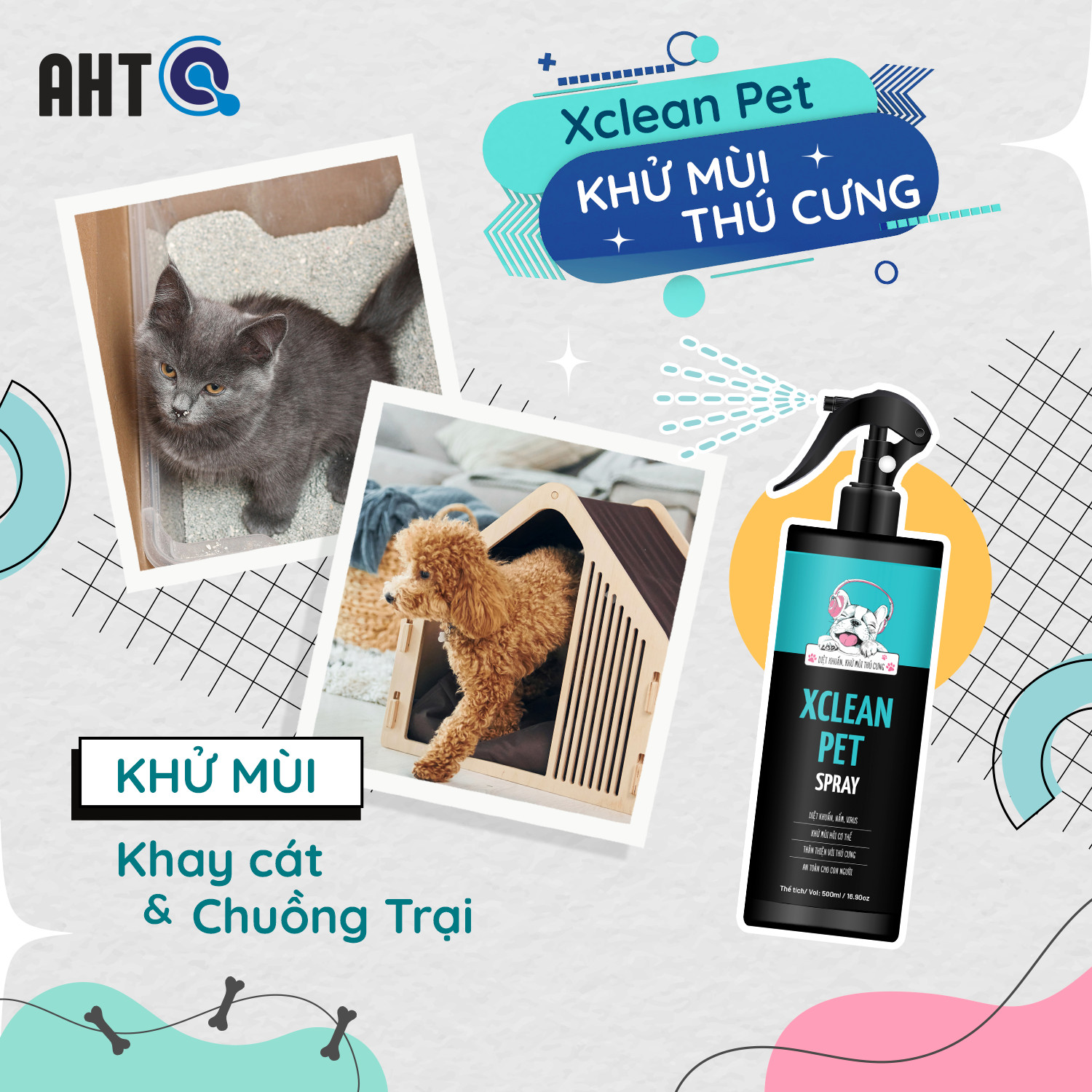 CHAI XỊT KHỬ MÙI HÔI THÚ CƯNG, KHỬ MÙI HÔI NƯỚC TIỂU CHÓ MÈO, CÁT VỆ SINH, KHAY, LỒNG, CHUỒNG CHÓ MÈO-XCLEAN PET 500ML-NANO BẠC AHT CORP (AHTC)