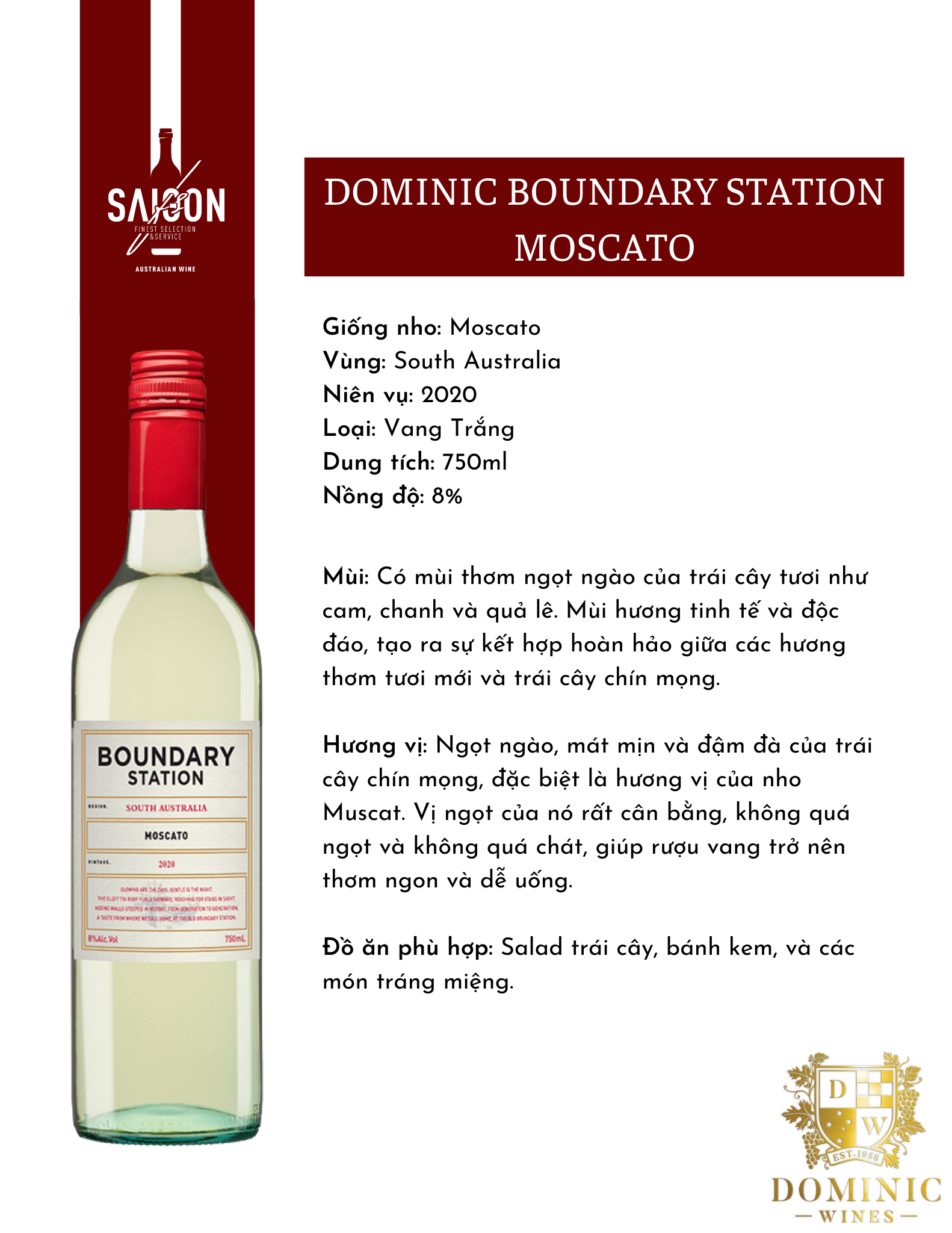 Rượu Vang Trắng Dominic BOUNDARY STATION Moscato 750ml 8% Acl