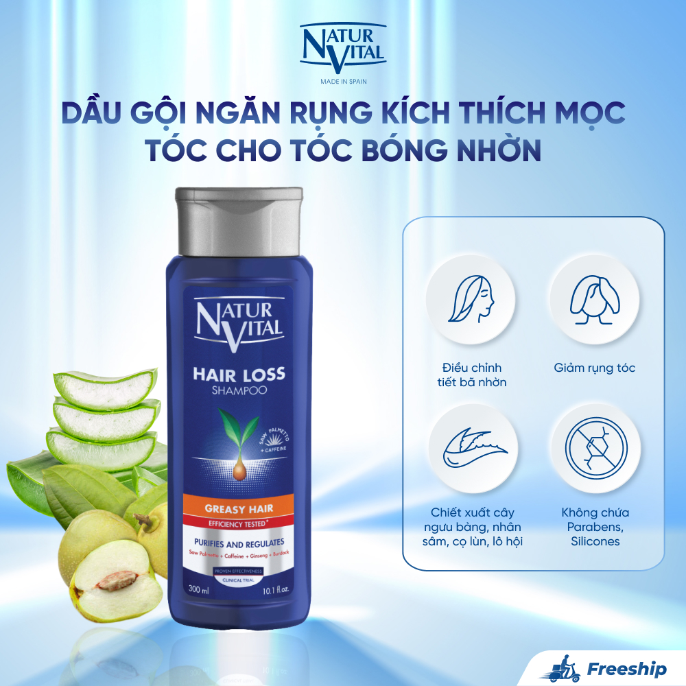 Dầu gội NaturVital Hair Loss Greasy Dành Cho Tóc Bóng Nhờn Chiết Xuất Cây Ngưu Bàng Và Nhân Sâm, Giúp Cung Cấp Độ Ẩm, Hỗ Trợ Giảm Rụng & Tăng Cường Mọc