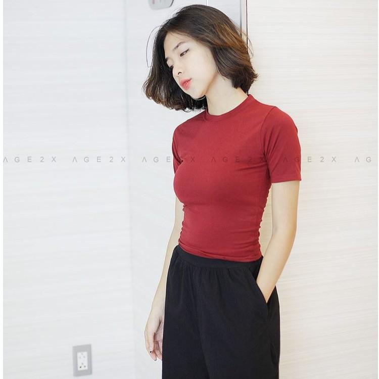 Áo croptop ôm body ngắn tay, áo thun croptop trơn cổ tròn dáng ôm