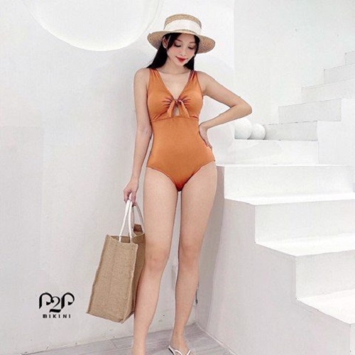 P2P BIKINI - Đồ bơi một mảnh cổ tim, thắt nơ ngực cách điệu màu cam trầm - MN350_HD1