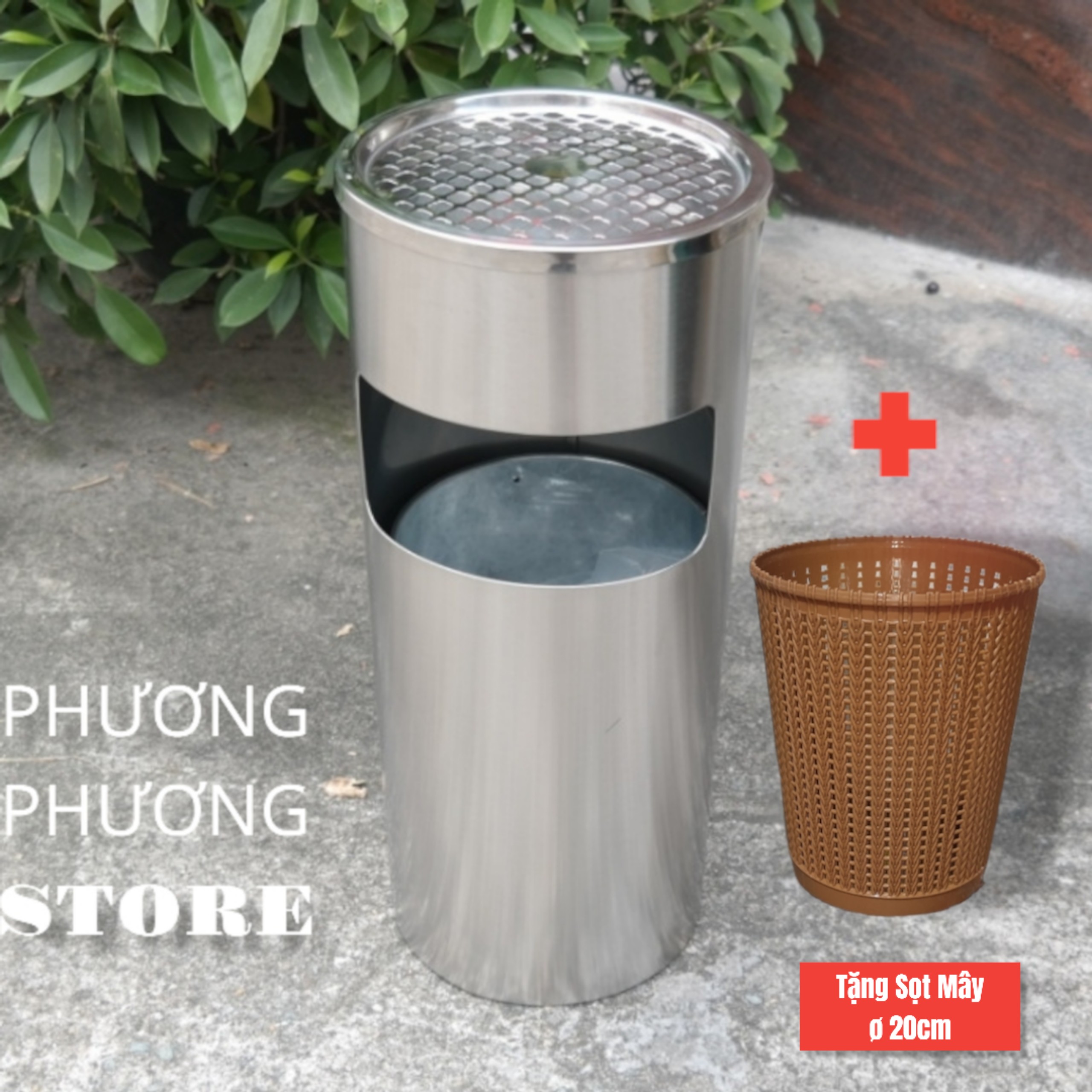 Thùng rác inox tròn, thùng rác inox gạt tàn tròn ( Tặng sọt tròn mây )