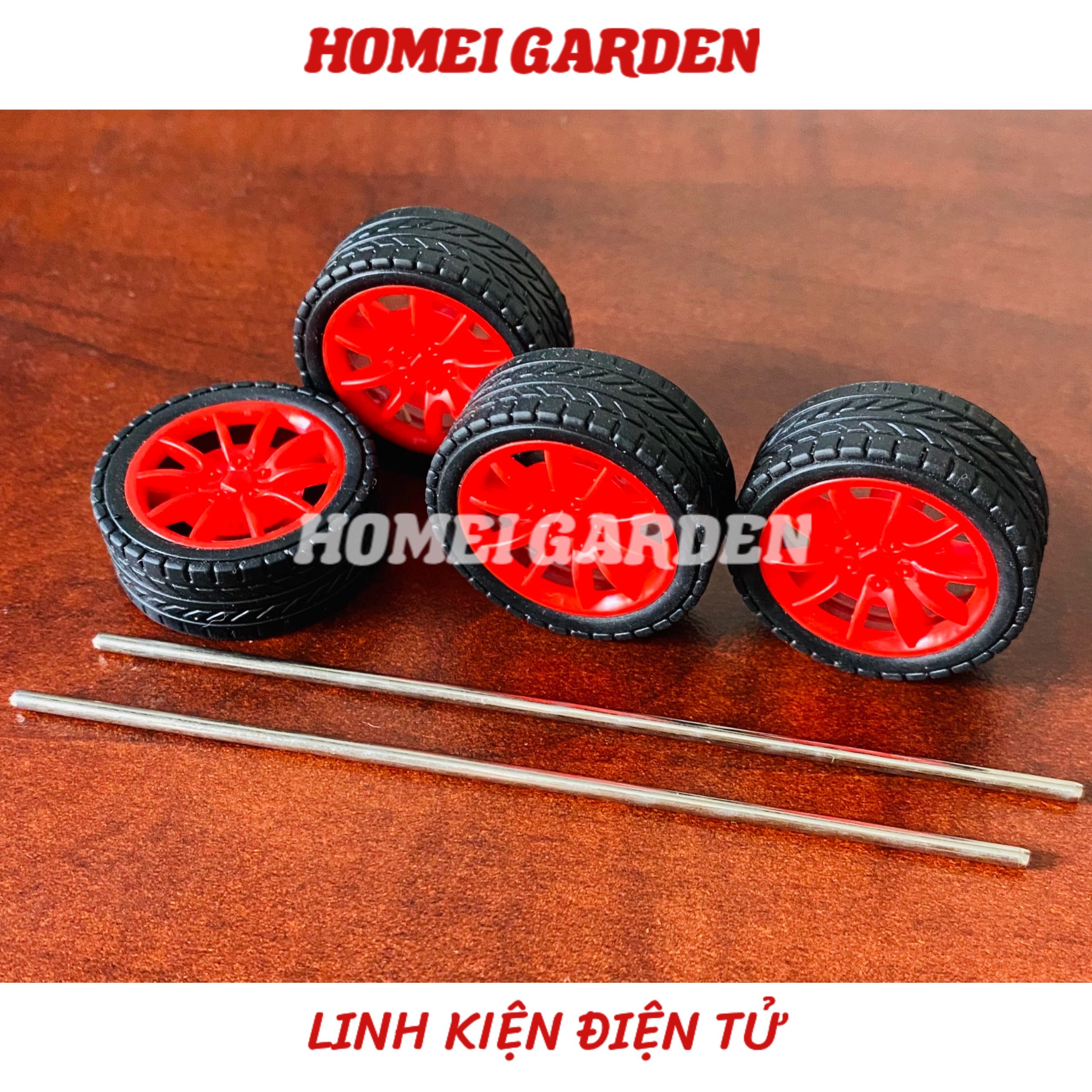 Bộ 4 bánh xe cao su đường kính 30mm kèm 2 trục dài 100mm DIY mô hình - HM0127