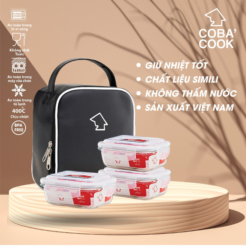 Bộ 3 Hộp Đựng Cơm Thủy Tinh Chịu Nhiệt COBA'COOK 3 Hộp Chữ Nhật 370ml Kèm Túi Da Cao Cấp Giữ -CCL33SS