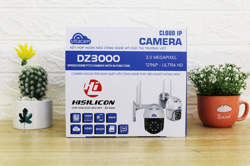 Camera 3MP Wifi IP Ngoài Trời Vitacam DZ3000 PTZ thẻ lưu trữ 32G xoay 355 độ, 3.0 Mpx 1296P hình ảnh ULTRA HD siêu nét-Hàng Chính Hãng