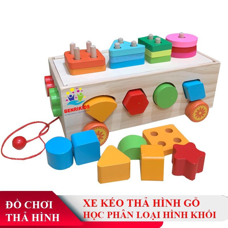 Xe Kéo Thả Hình Khối Đồ Chơi Gỗ Montessori ,Màu Sắc Đẹp,Luyện Kỹ Năng Tay và Học Màu Sắc,Hình Khối