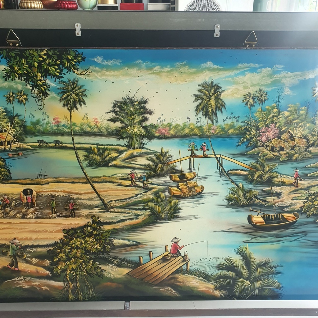 Tranh sơn mài cảnh làng quê Việt Nam, cảnh đồng quê 80x160 cm