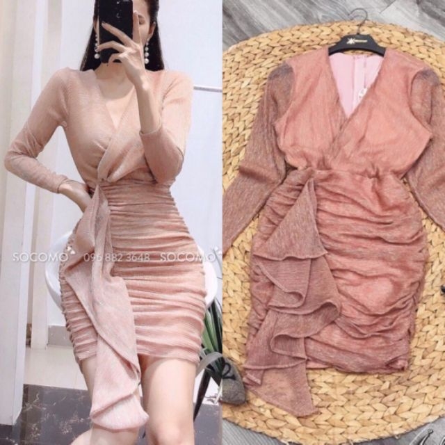 Đầm Body Kim Tuyến cổ V đắp chéo eo phối bèo Hàng Thiết Kế
