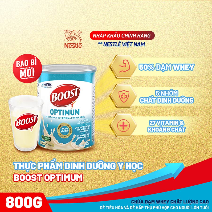 [Mẫu mới] Sản phẩm dinh dưỡng y học Nestlé Boost Optimum bổ sung dinh dưỡng cho người lớn 800g - Tặng gối cao su non