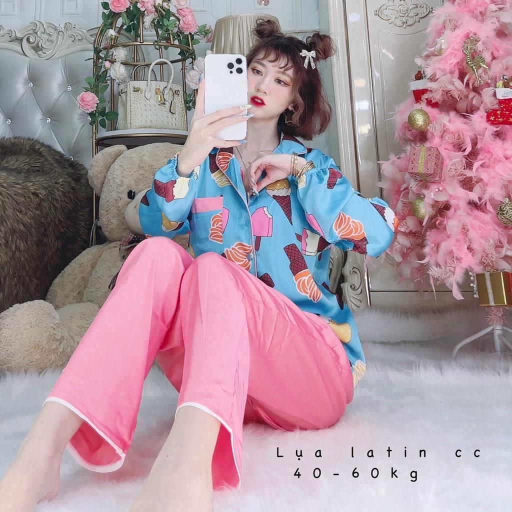 Đồ ngủ mặc nhà Pijama tiểu thư, chất lụa latin cao cấp mềm mịn mát - Freesize dưới 60 kg, tay dài quần dài