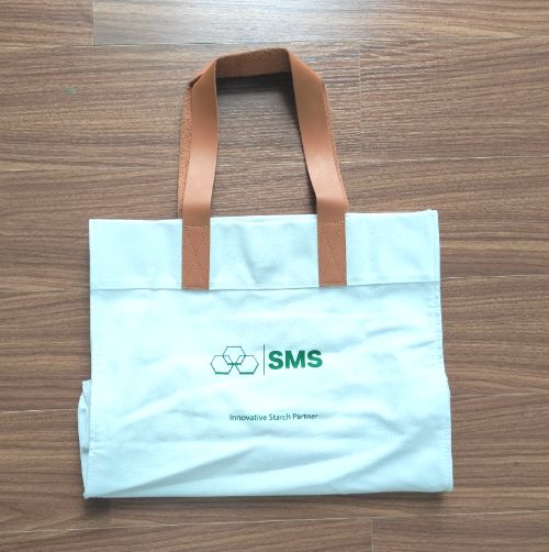 TÚI VẢI TOTE CANVAS SMS màu trắng, dây da 40x32 cm