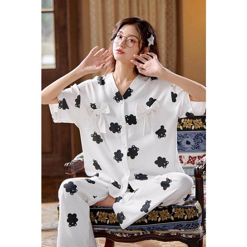 Đồ bộ pijama cộc tay cotton 100% thoáng mát, tông trắng/đen cá tính