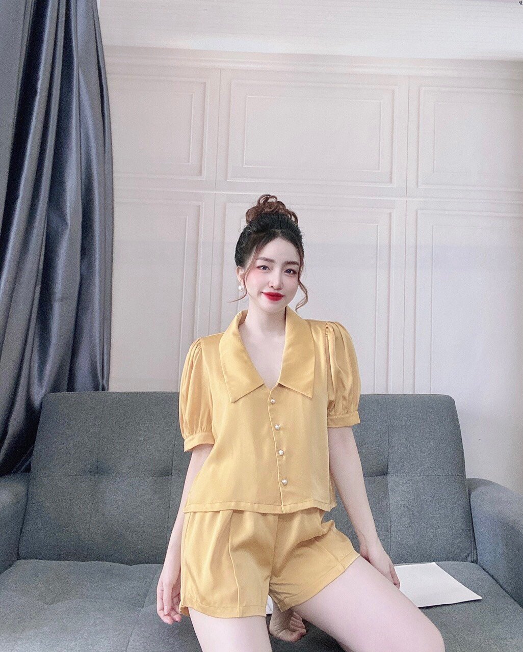 [5 màu] Bộ nữ mặc nhà - Bộ Sen Nhọn Tay Ngắn Quần Ngắn Lụa LATIN Đẹp, Mát, Ít Nhăn, Đường May Đẹp-SN003N - HELI