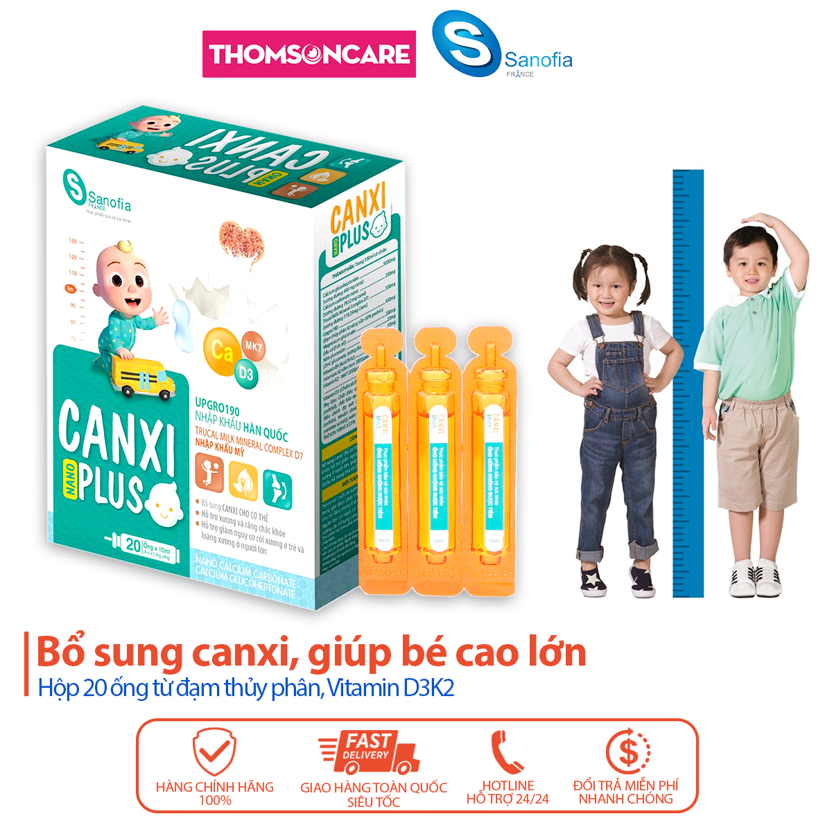 Canxi cho bé - Canxi Nano Plus, giúp xương răng chắc khỏe, giảm còi xương, tăng chiều cao từ Vitamin D3K2 - Hộp 20 ống