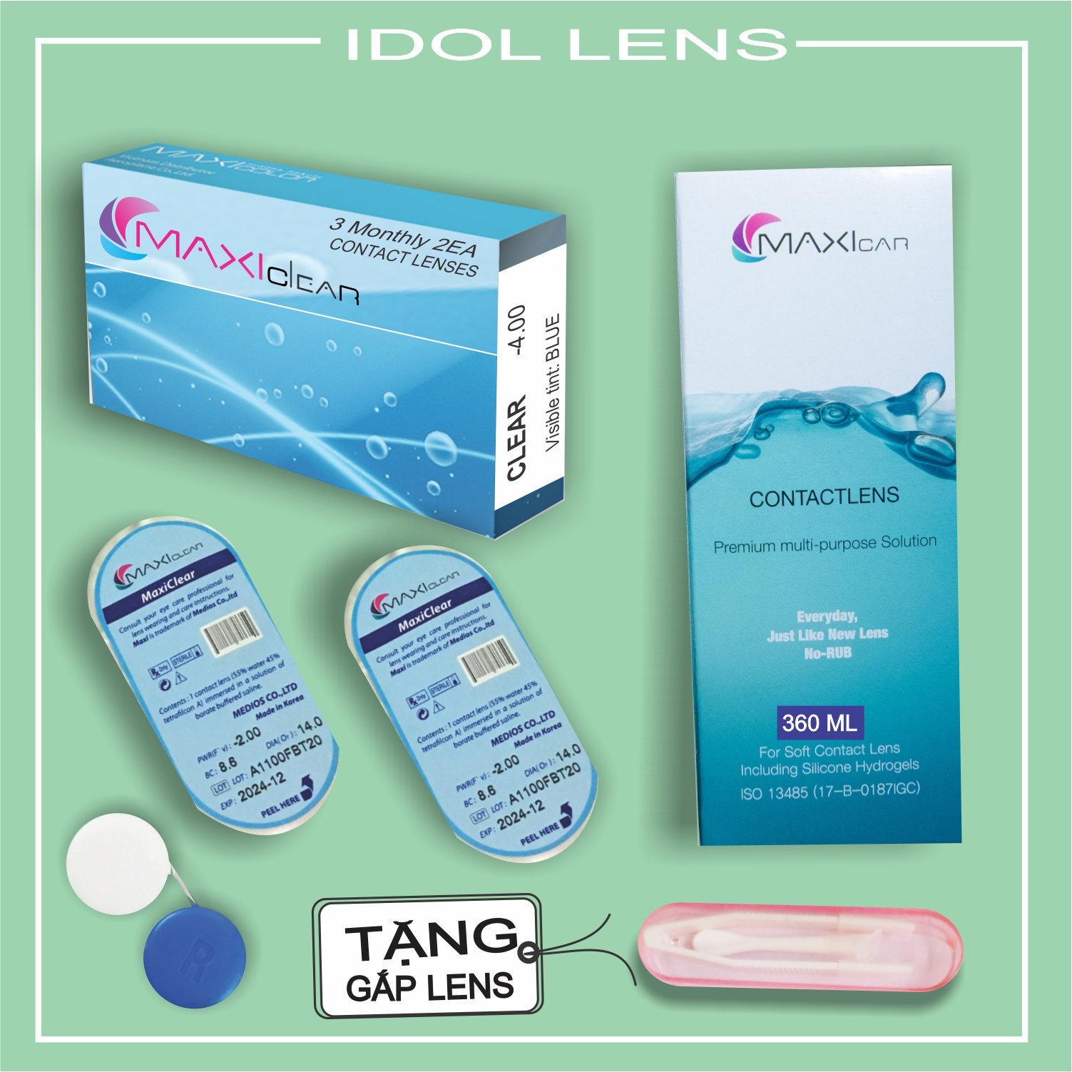 Combo lens cận không màu, nước ngâm lens 360ml TẶNG gắp lens, khay ngâm lens (Dung dịch ngâm chai lớn siêu tiết kiệm)