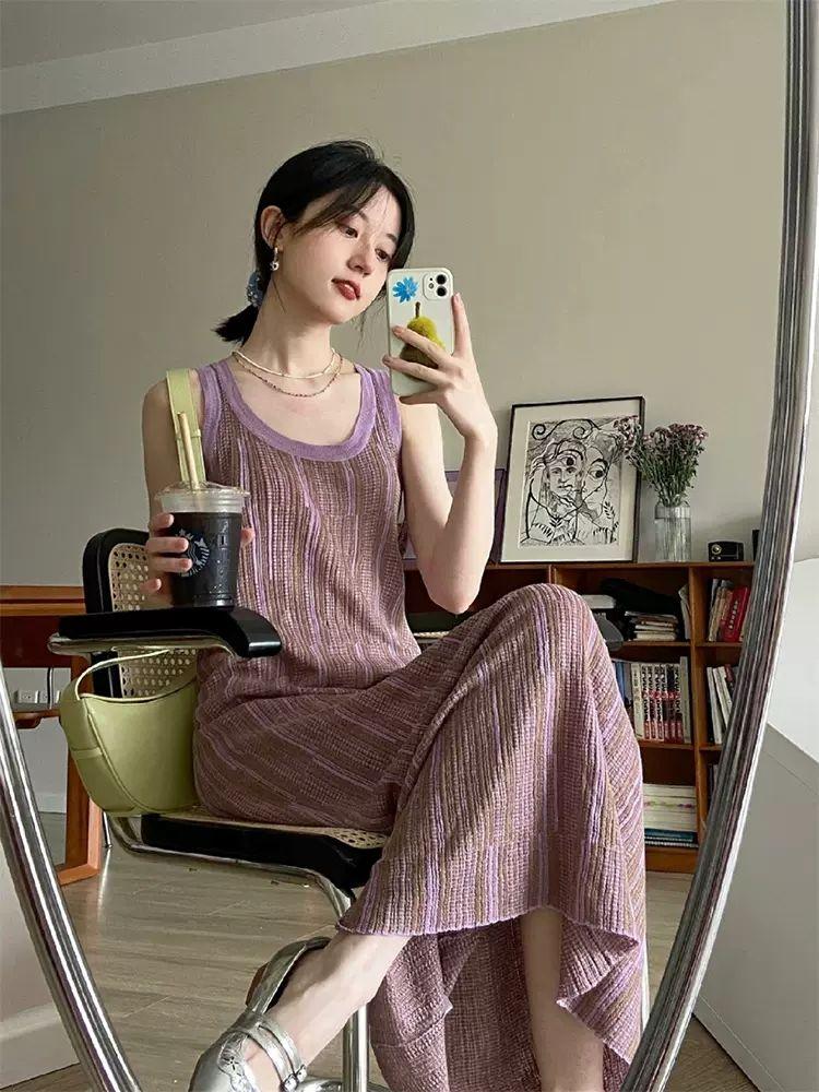 TOBE1SHOP Vintage màu tím kỳ nghỉ hiển thị mỏng sọc dệt kim treo váy maxi boho tay áo dệt kim vest đầm cho phụ nữ