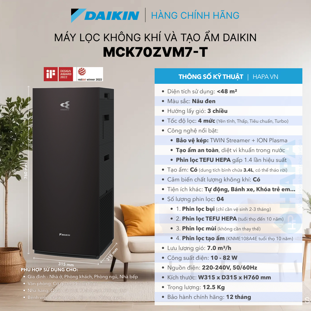 Máy Lọc Không Khí Tạo Ẩm DAIKIN MCK555AVMV-W | MCK555AVMV-T TEFU HEPA, Twin Streamers, ION PLASMA - Hàng Chính Hãng DAIKIN