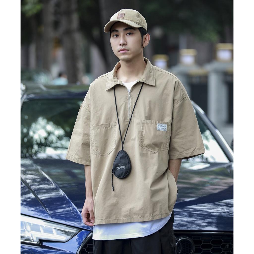 Áo sơ mi tay ngắn nam nữ unisex form rộng cổ áo có dây kéo