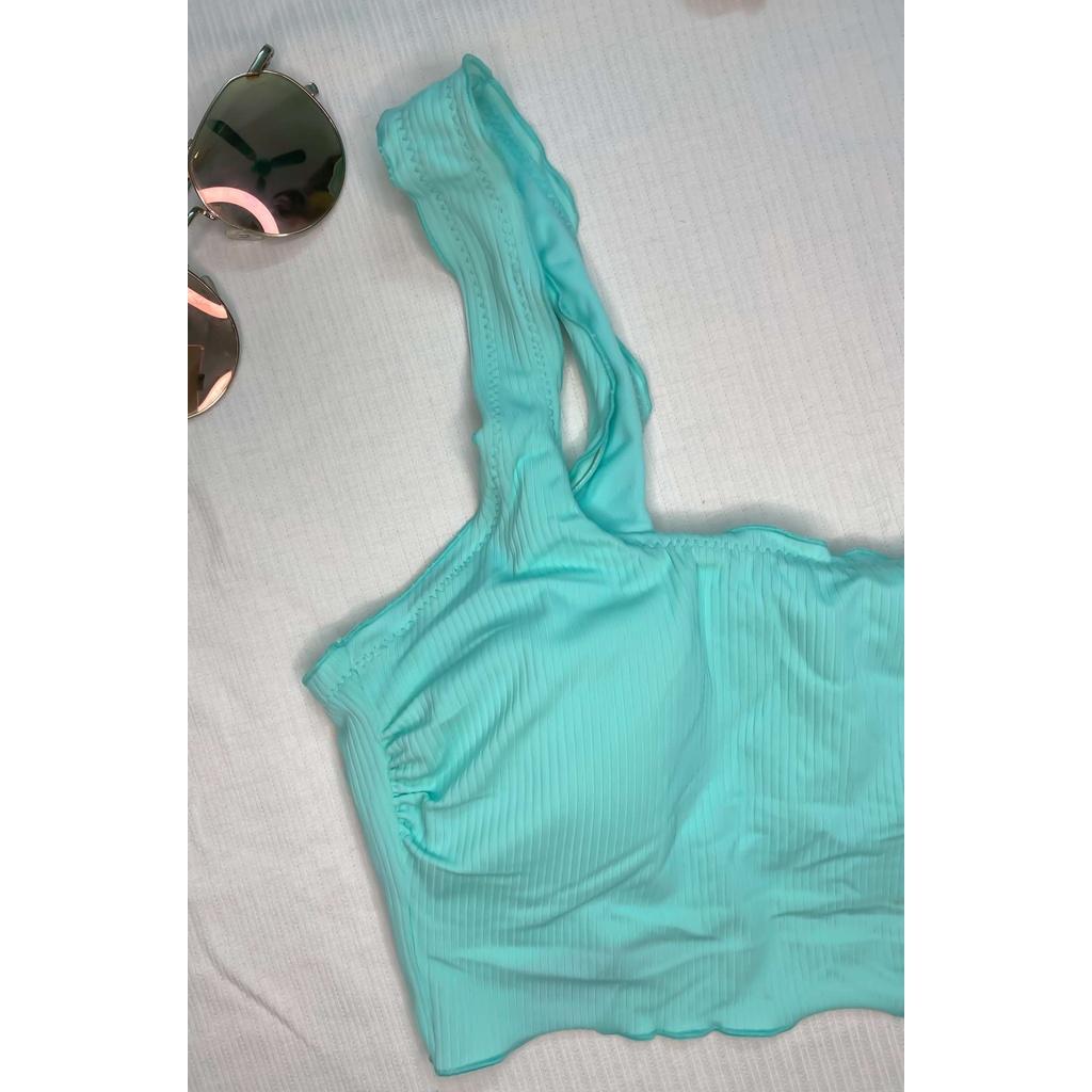 Bikini đồ bơi đi biển 2 mảnh 2 lớp xanh ngọc vải kẻ tăm bèo nhún cổ chữ U- by Clothing De Katie