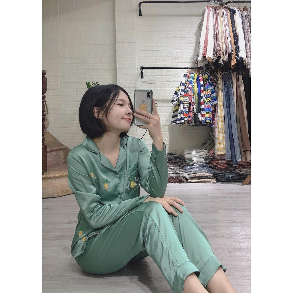 Bộ ngủ lụa Pijama mặc ở nhà họa tiết dứa nhí chất lụa Satin ( Ảnh chụp thật 100%)