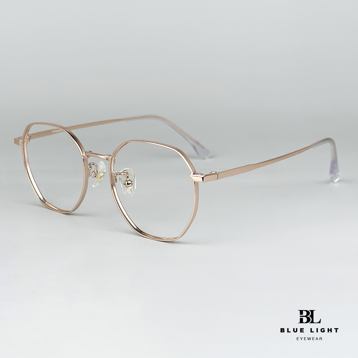 Gọng Kính Cận Giả Cận Nam Nữ Cao Cấp Titanium BLUE LIGHT, Mắt Lục Giác Nhỏ Dày Dặn, Nhẹ, Vàng Hồng Dẻo Bạc, Đen