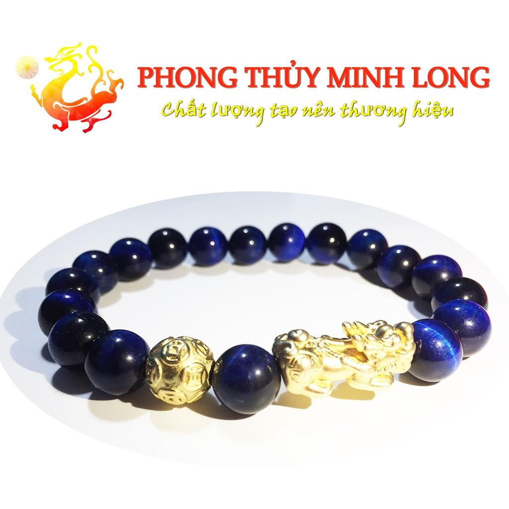 Vòng tay đá mắt hổ Xanh Dương 5A mix Tỳ Hưu và 1 hạt Kim Tiền hợp mệnh Thủy và Mộc