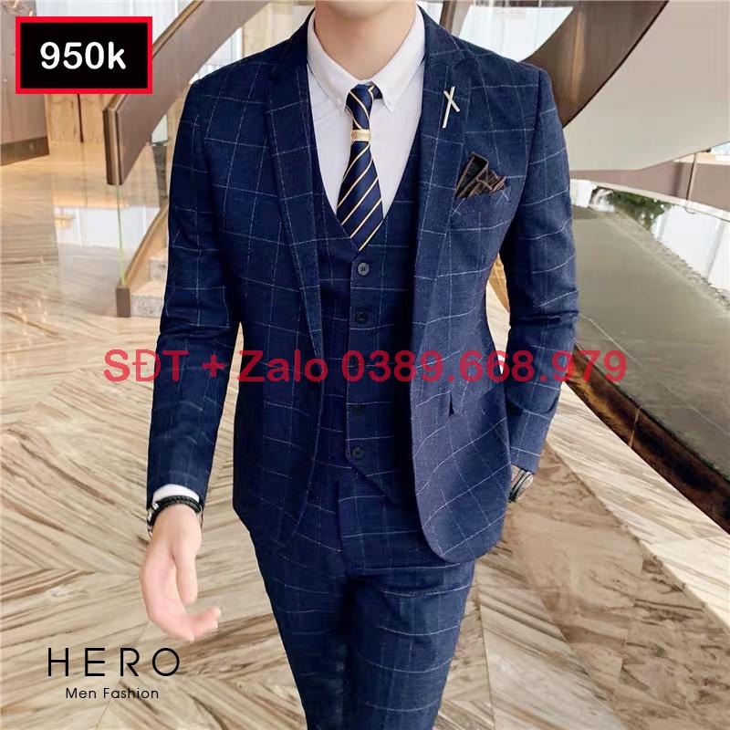 Bộ Vest Nam Cao Cấp Kẻ Caro, Bộ Suit Nam Hàn Quốc Kẻ Caro đen