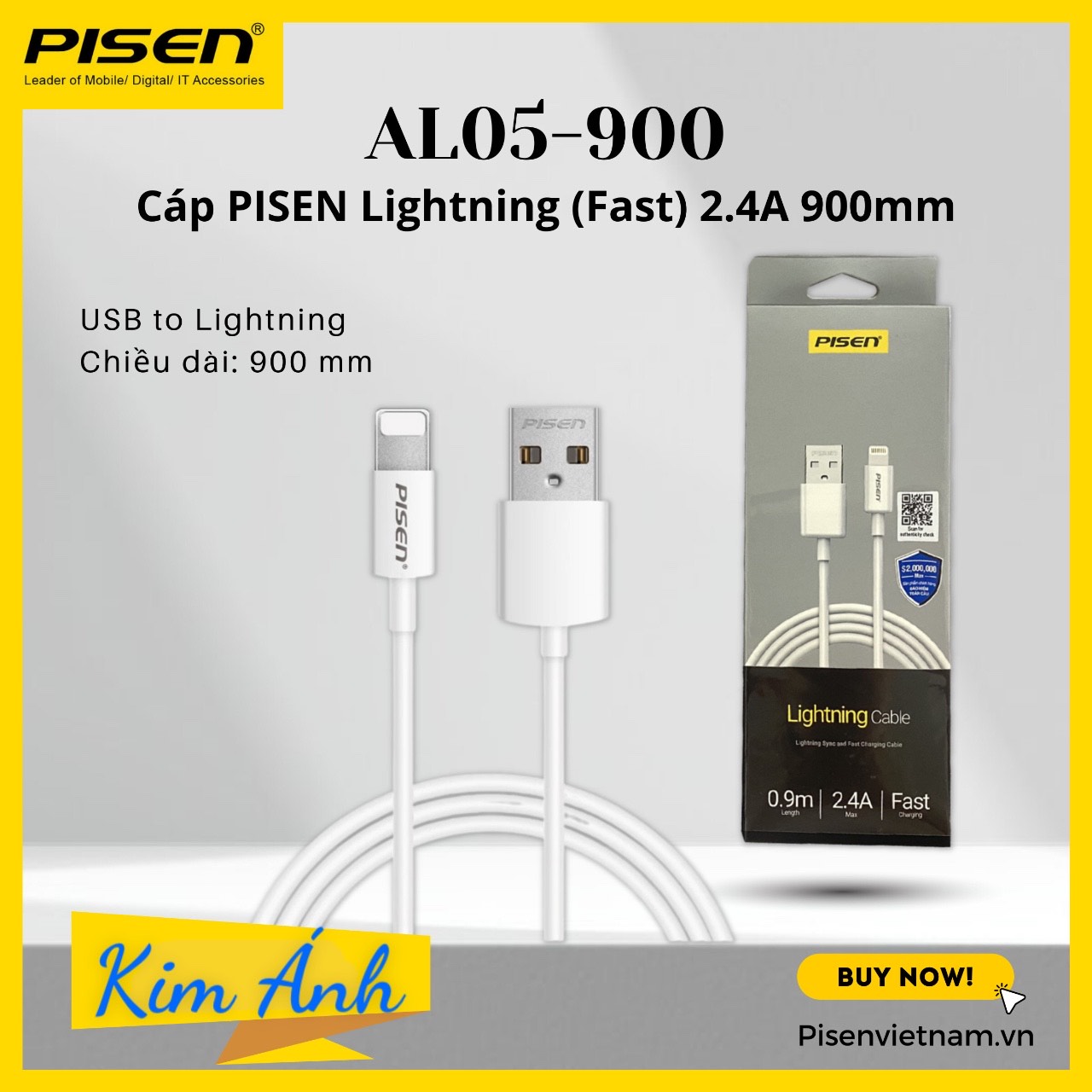 Cáp sạc nhanh Pisen chăn cắm L (Fast ) 2.4A , dài 900mm ( AL05-900)- Hàng chính hãng