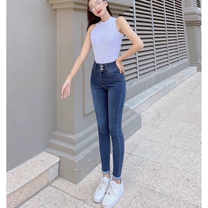 Quần Jean Nữ lưng Cao 2 Nút Co Giãn Màu Xanh CƠ BẢn