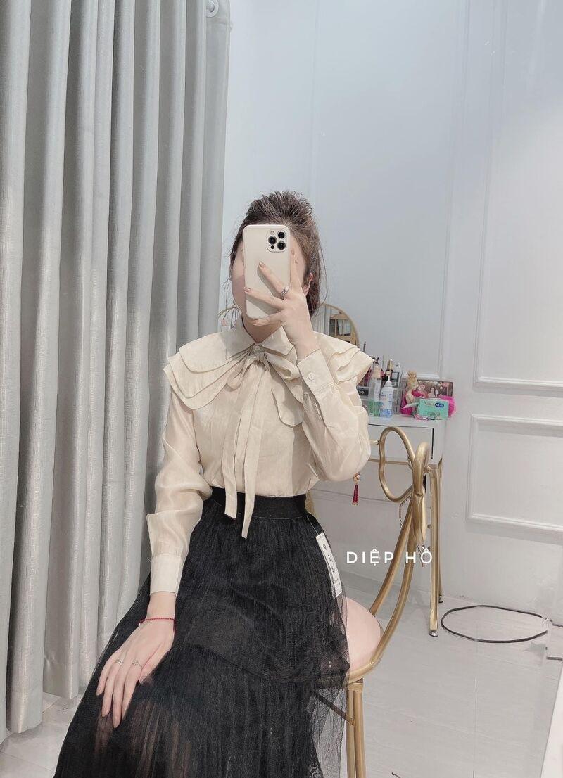 ÁO SƠ MI XỊN ĐẸP Áo sơ mi cổ đức bèo vai tầng nơ ngực hàng hottrend
