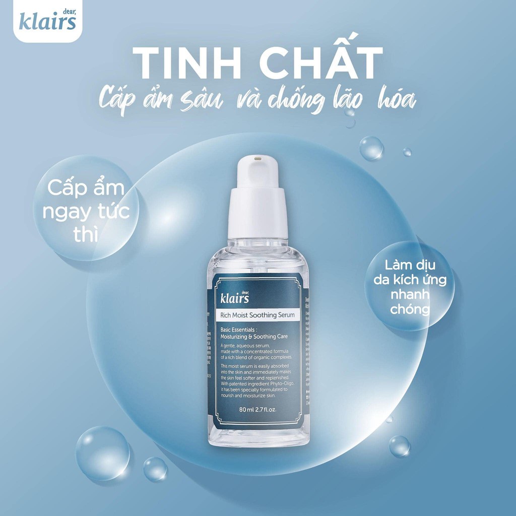 Tinh Chất Dưỡng Ẩm Chuyên Sâu Klairs Rich Moist Soothing Serum 80ml + Tặng Kèm 1 Mặt Nạ 3W Clinic