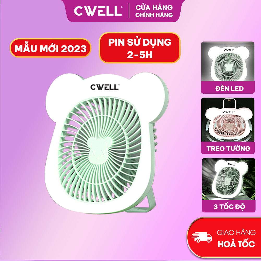 Quạt mini để bàn, quạt tích điện 3 tốc độ Cwell kèm dải 25 đèn Led, có móc treo - Tặng cáp sạc USB