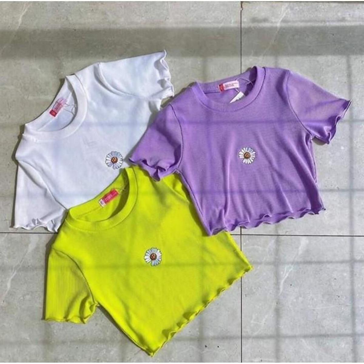ÁO CROPTOP THUN ÔM BODY CO GIÃN - ÁO KIỂU CRT NGẮN TAY TRƠN BASIC THÊU HOA CÚC
