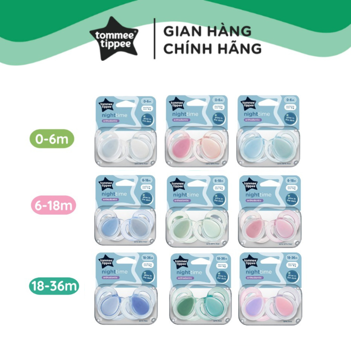 Ty Ngậm Dạ Quang Tommee Tippee Night Time Cho Bé 0-6, 6-18, 18-36 Tháng (Vỉ Đôi)