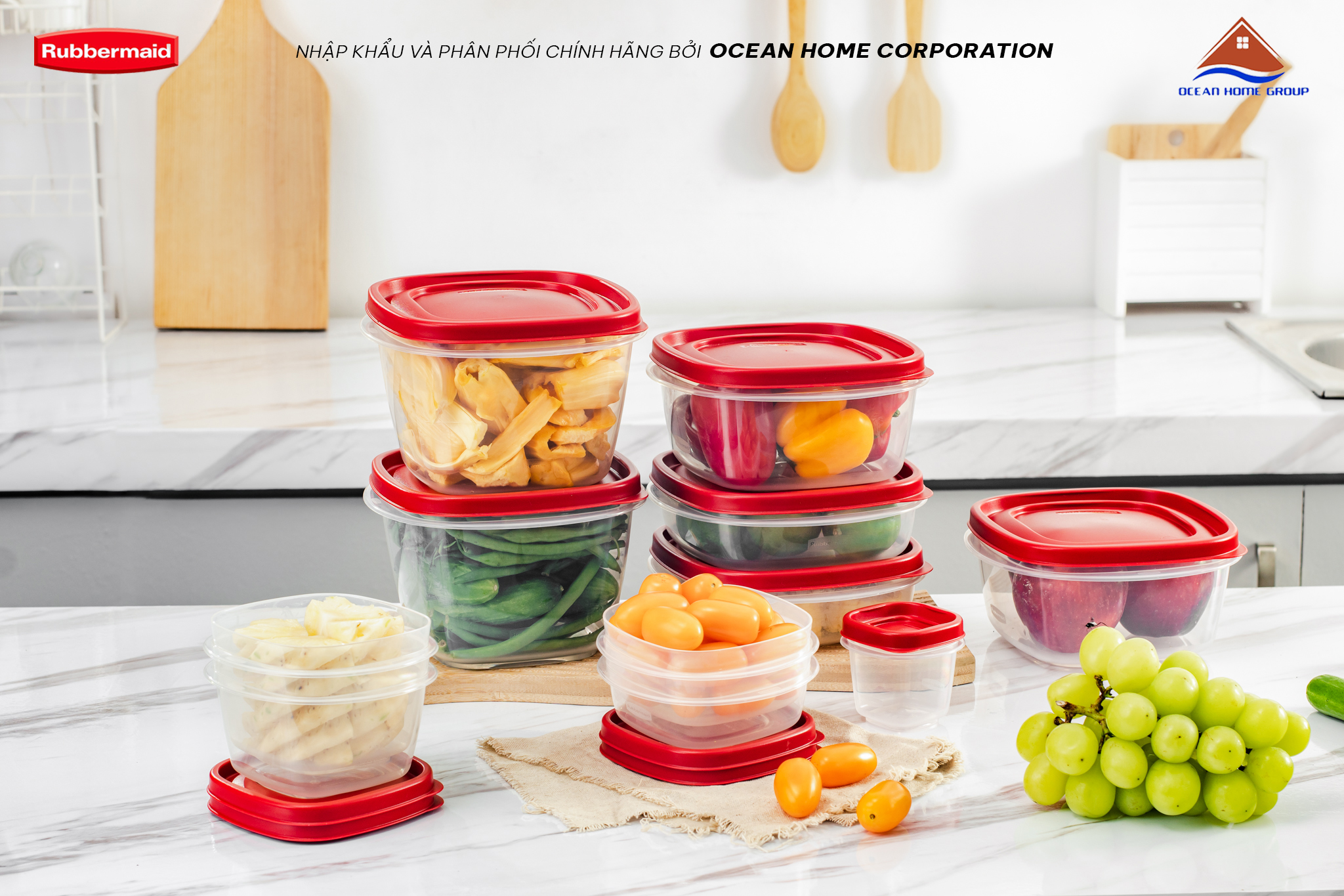 Hộp đựng thực phẩm Rubbermaid nắp đỏ 12 size - An toàn vệ sinh