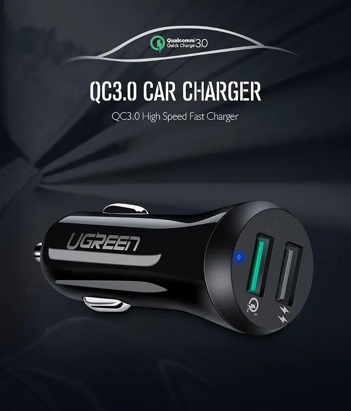 Ugreen UG40309CD114TK 30W qc3.0 Sạc trên ô tô 2 cổng USB hỗ trợ 2.4A + Quick Charge 3.0 màu đen - HÀNG CHÍNH HÃNG