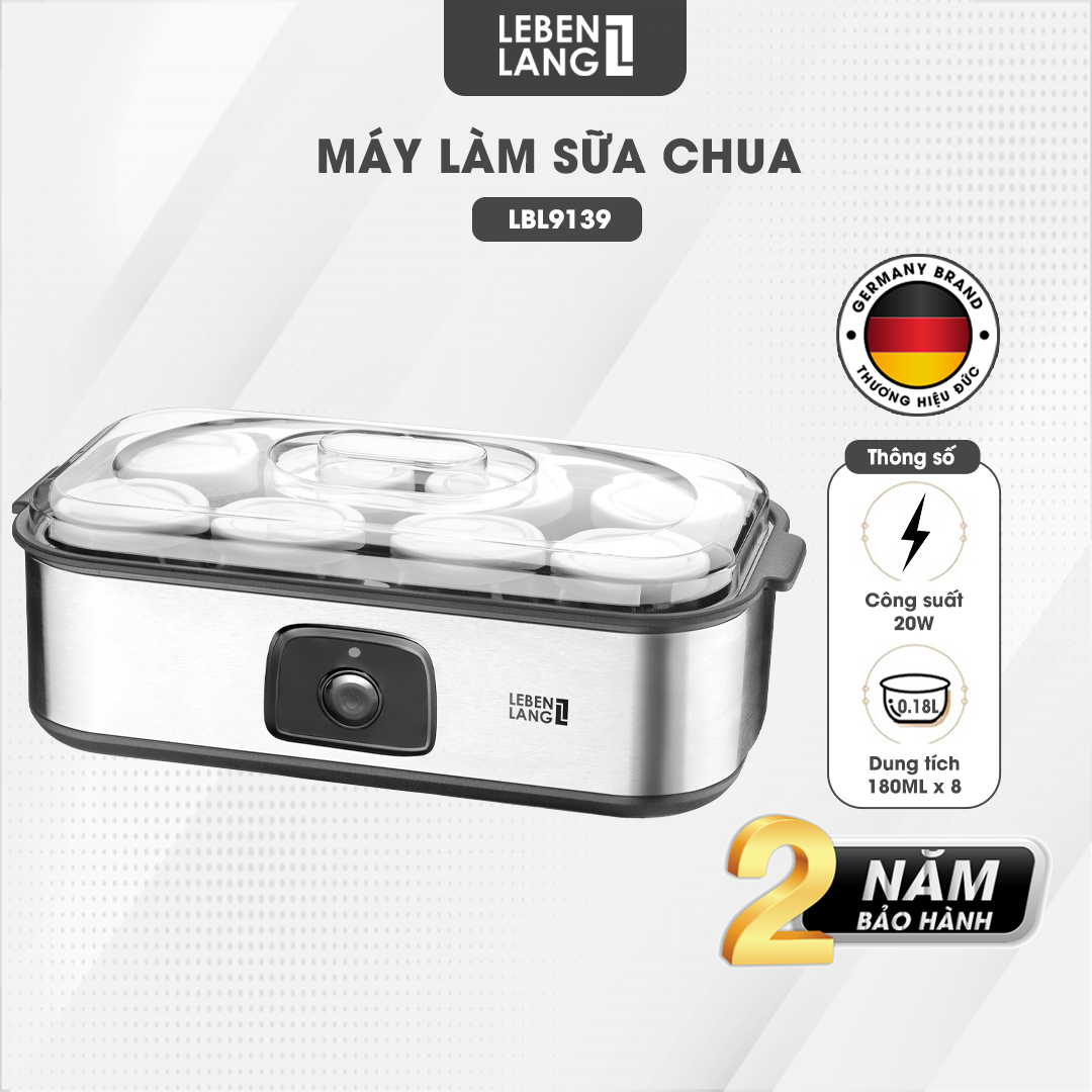 Máy làm sữa chua Lebenlang LBL9139, công suất 20W, dung tích 180ml, gồm 8 lọ thủy tinh, bảo hành 2 năm - hàng chính hãng