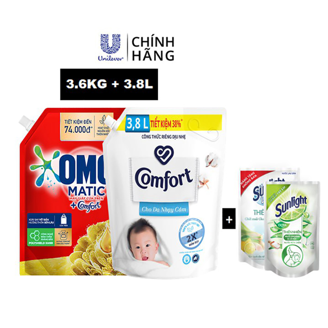 Combo Nước Giặt Omo Matic Comfort Cửa Trên Hương Tinh Dầu Thơm Xoáy Bay Vết Bẩn, Hương Thơm Bền Lâu 3.6Kg + Nước Xả Comfort Chăm Sóc Dịu Nhẹ Cho Da Nhạy Cảm 3.8L