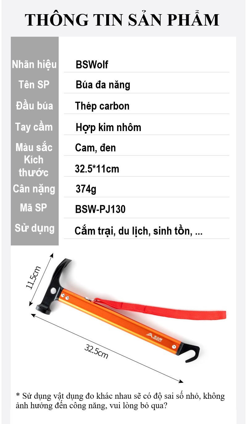 Búa đóng cọc lều, cắm trại, du lịch dã ngoại thép carbon- PJ130