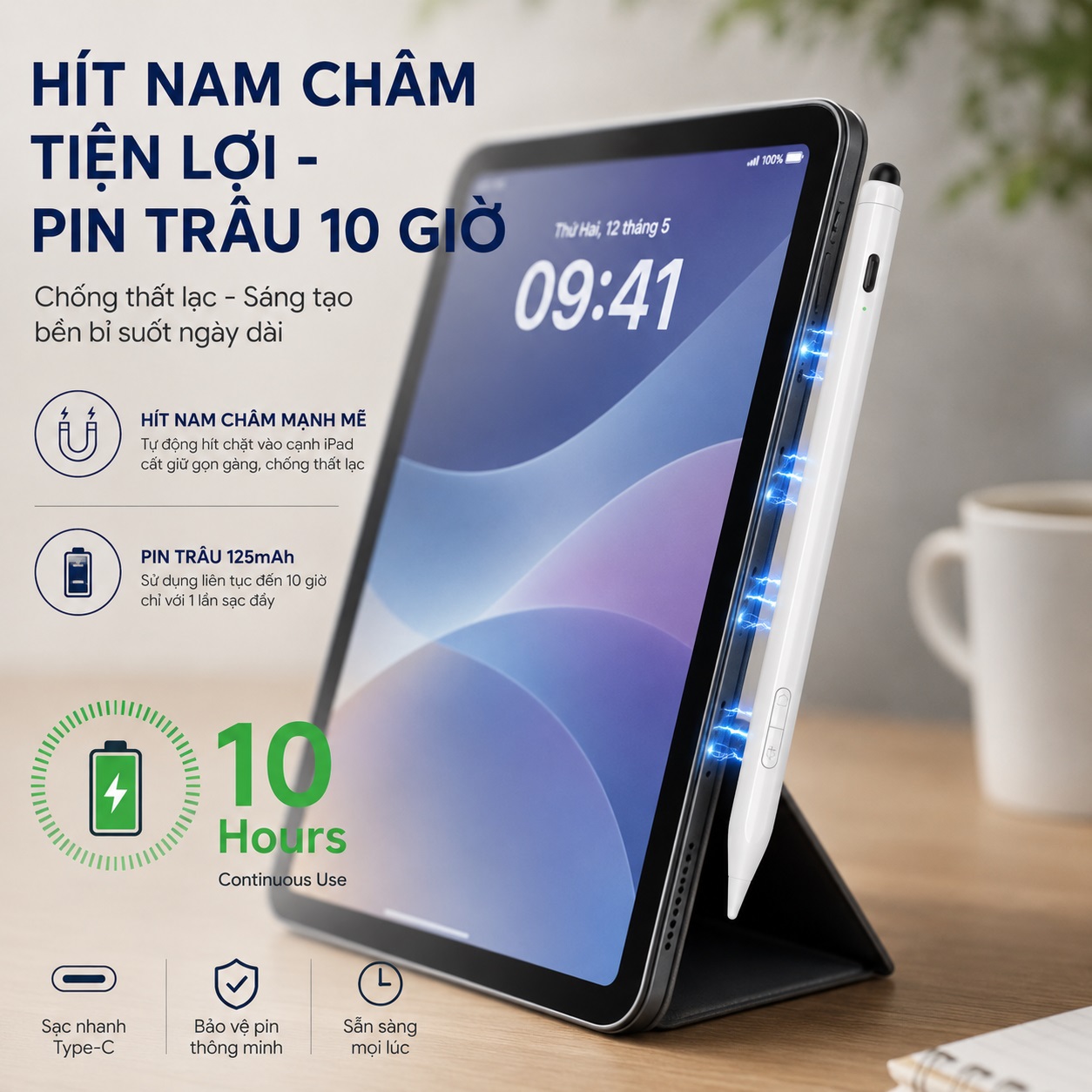 Bút cảm ứng styplus hỗ trợ tì tay cảm ứng lực nghiêng WIWU Pencil S-04 cho iPad iPhone Androids Pro 11 13 Air 10.9 - Hệ Thống Kép iOS Android, Magnetic | Pixel Perfect | Sạc Type-C - Hàng nhập khẩu