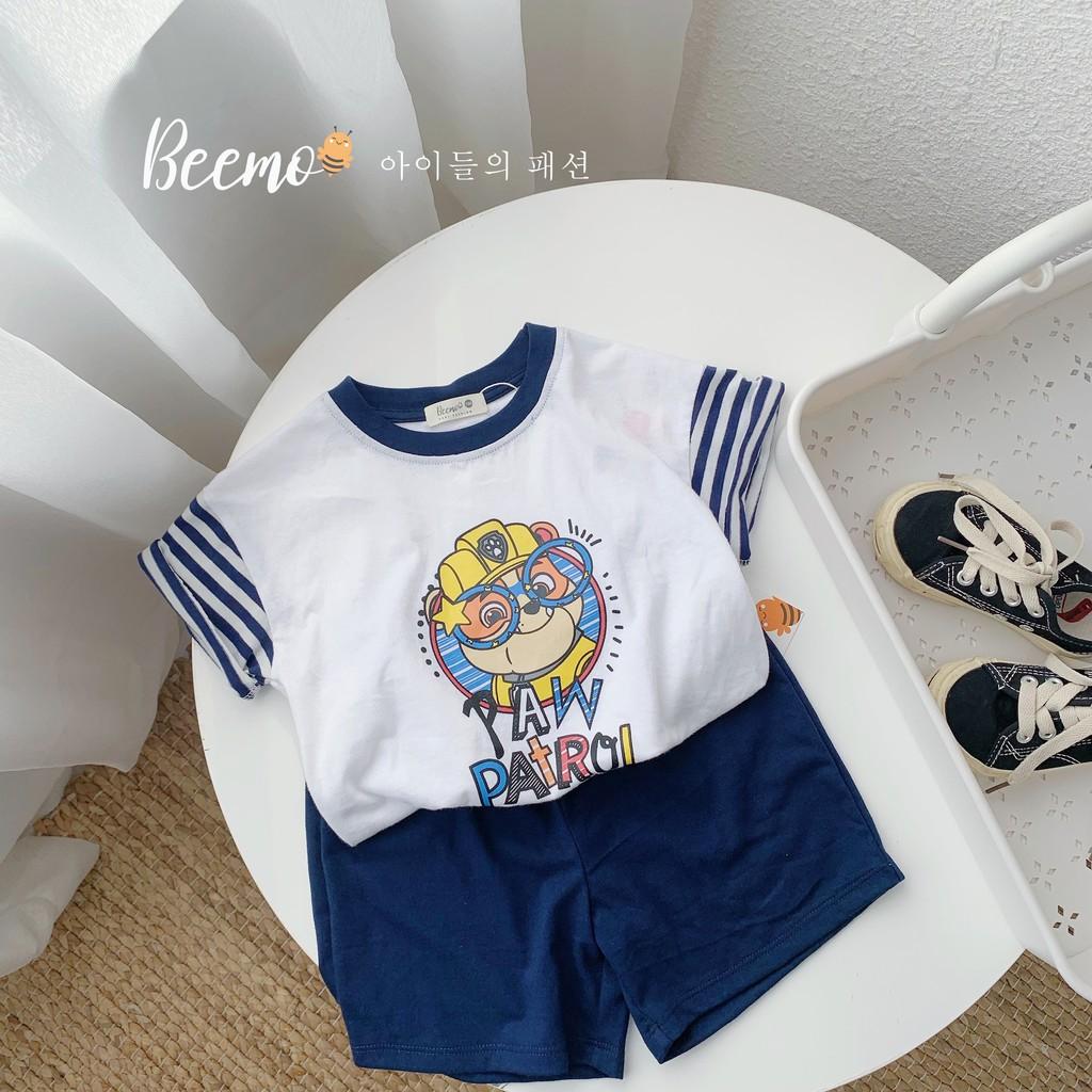 Set áo phông quần ngố bé trai họa tiết phối tay kẻ phong cách Hàn Quốc size 9-23kg