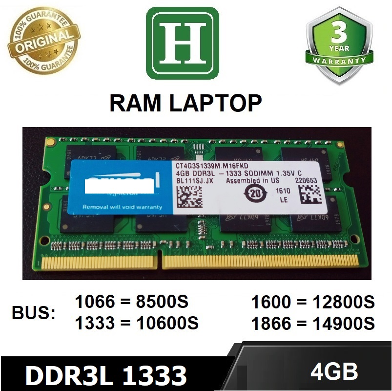 Ram Laptop 4GB DDR3L bus 1333 (10600S) bảo hành 36 tháng