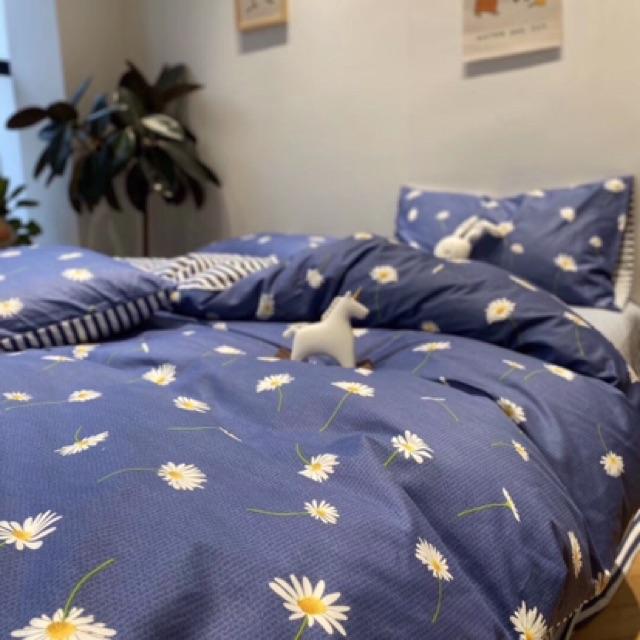 Set Chăn Ga Gối Cotton Living Hàng Nhập Khẩu Cao Cấp 4 Món Cúc Hoạ Mi Xanh